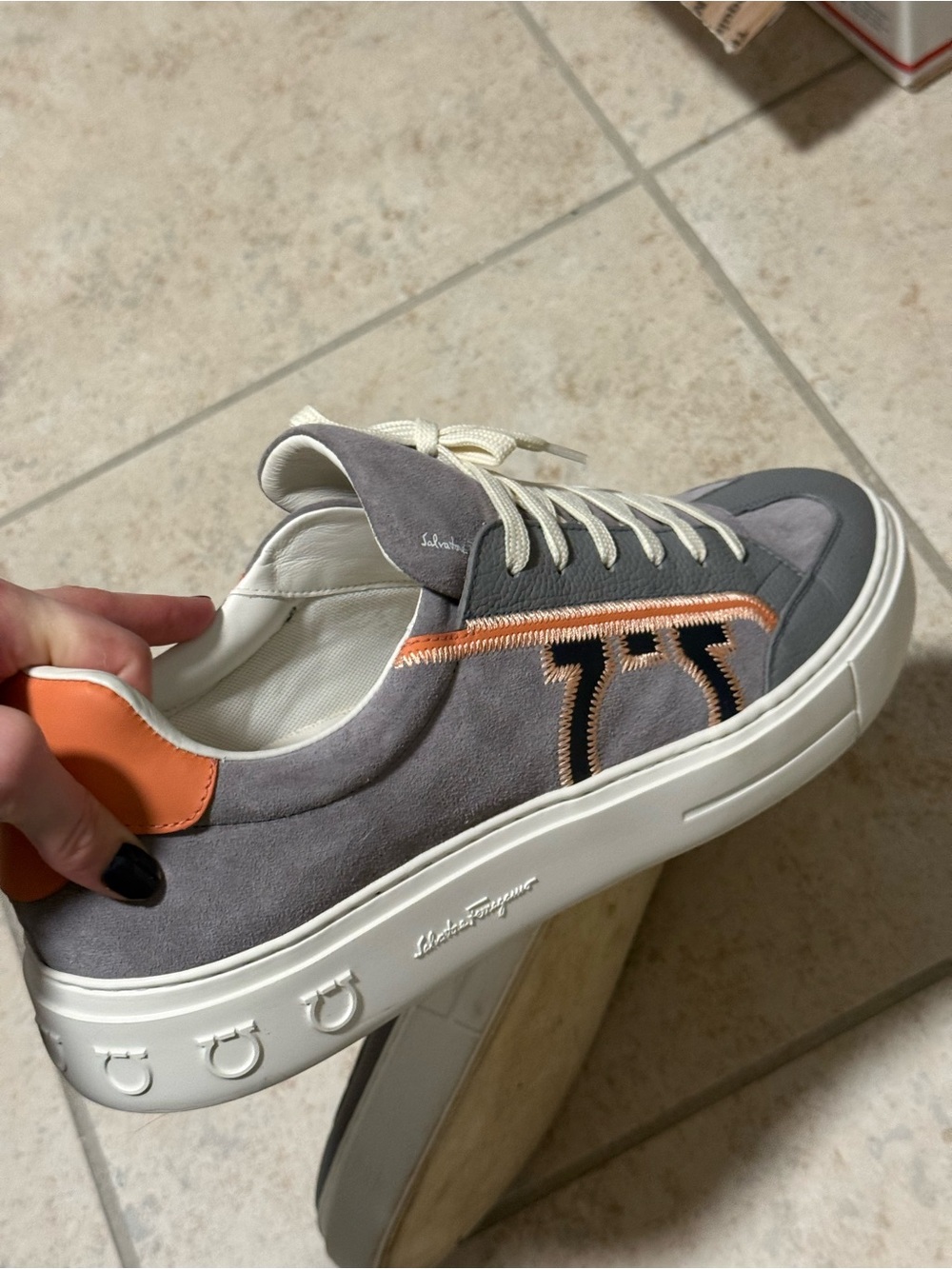 Salvatore Ferragamo Gray and Orange Suede Low-Top Sneakers - Picture 2 of 5
